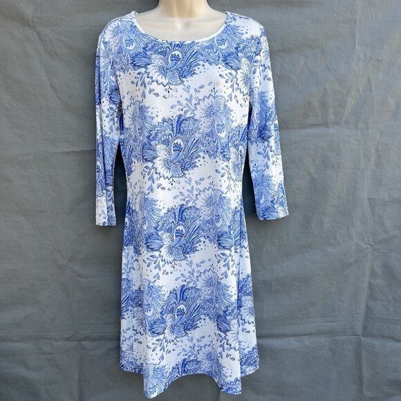 Jean-Pierre Klifa Dress Size Small Blue White Paisley Shift 3/4 Sleeve Casual - Picture 5 of 5